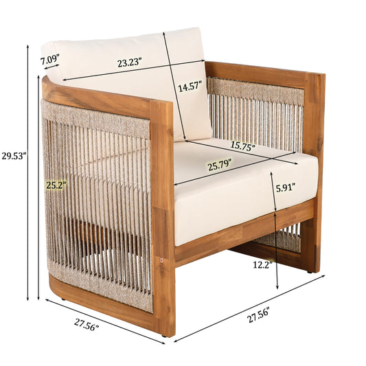 Merax 4-Piece Patio Premium Acacia Wood Outdoor Furniture Set,All Weather Curved Tub Design with Woven Rope Accents Loveseat Chairs and Table for Backyard, Balcony and Deck,Teak+ Beige