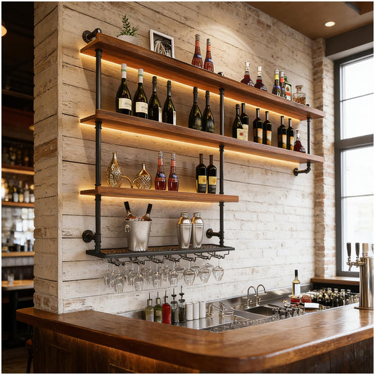 TAUODUYY 59.1in Large Wine Rack with LED Light, 4 Tiers Solid Wood Wall Mounted Wine Rack, Industrial Liquor Bottles Floating Shelves with Glass Holder for Home Bar/Dining Room (59.1in/150cm)
