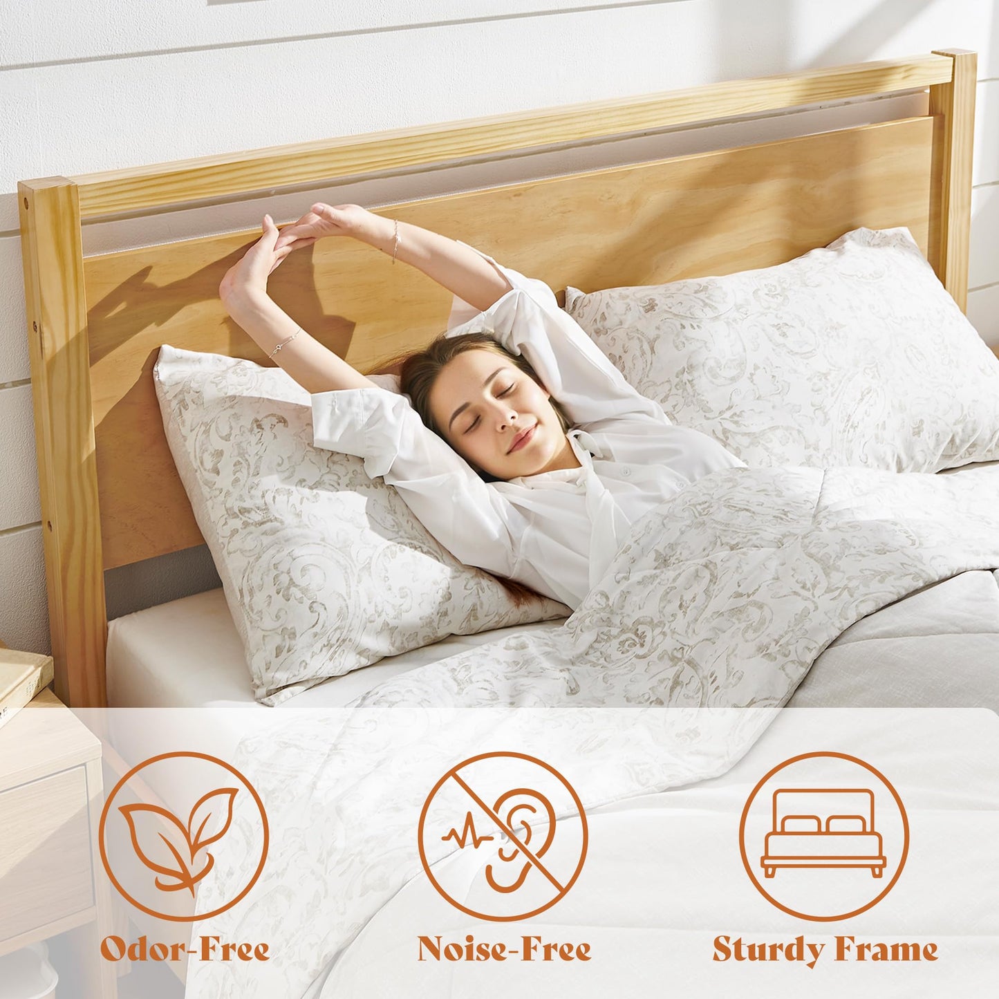 AMERLIFE Queen Size Solid Wood Bed Frame with Headboard, Minimalist Platform Bed with Wood Slats Support/No Box Spring Needed/Easy Assembly/Noise-Free, Natural