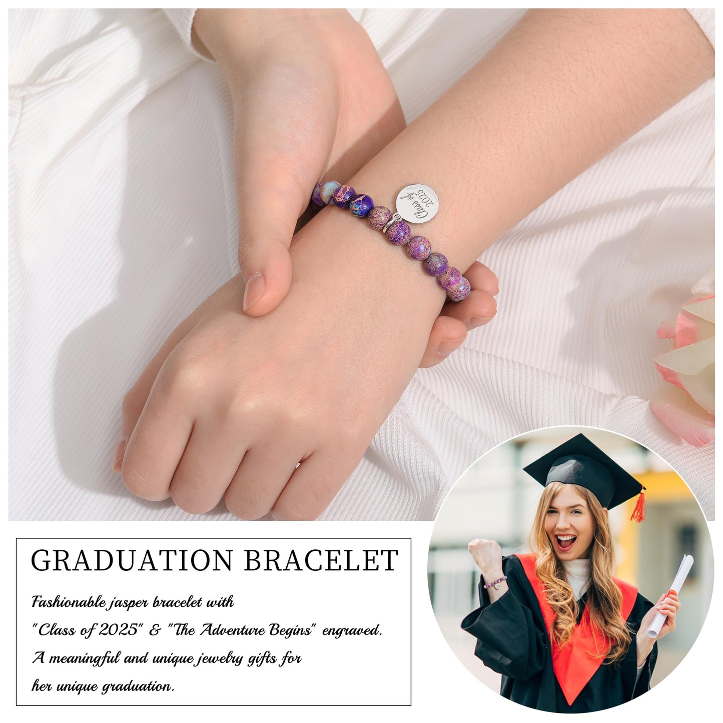 Sistble 5th Grade Graduation Gifts Trendy Graduation Bracelets 2026 Inspirational Gift Class of 2026 Engraved Round Tag Bead Bracelet Nature Stone Graduations Jewelry