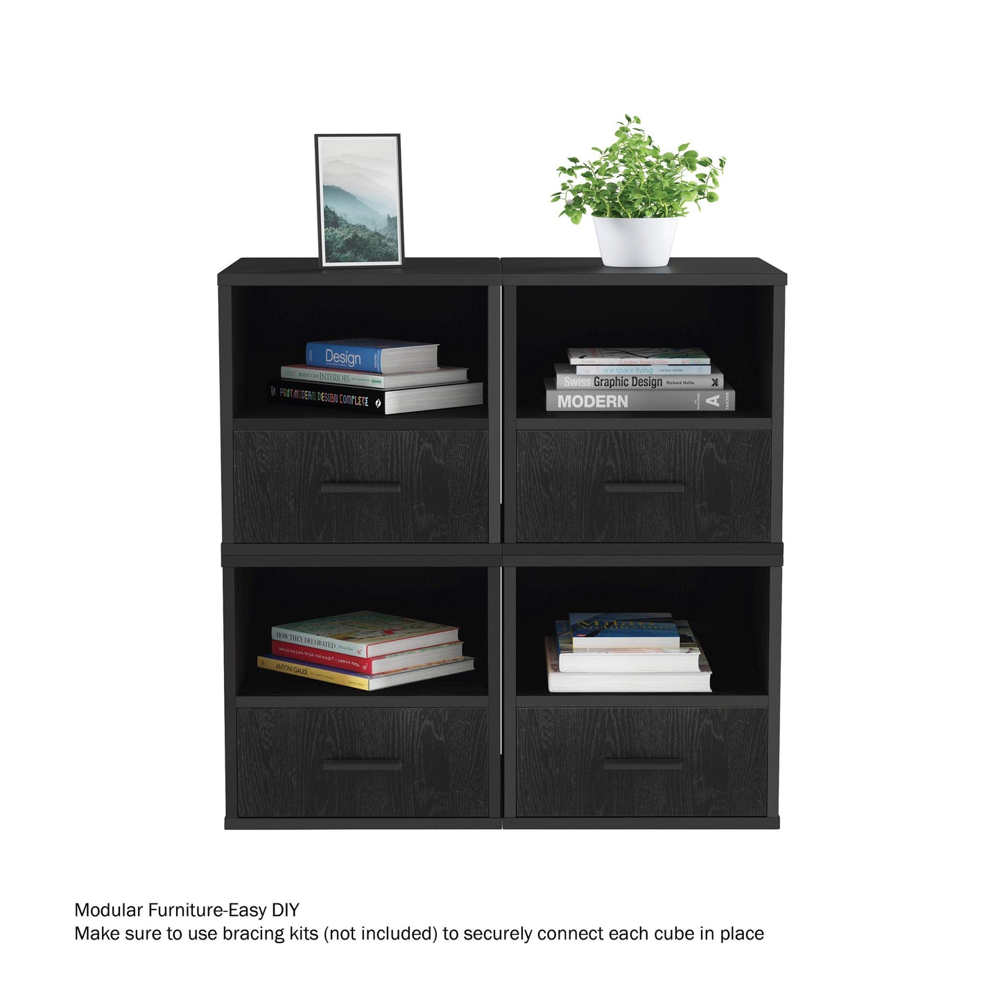 Lavish Home End Stackable Contemporary Minimalist Modular Cube Accent Table with Drawer for Bedroom, Living Room or Office, 16.25 x 15.75 x 15.75 in, Black