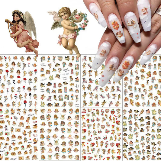 8 Sheets Angel Nail Stickers 3D Self-Adhesive Cupid Nail Art Stickers Decals Rose Flowers Love Heart Wings Nail Art Design Stickers Valentine's Day Nail Decorations for Women Acrylic DIY Manicure