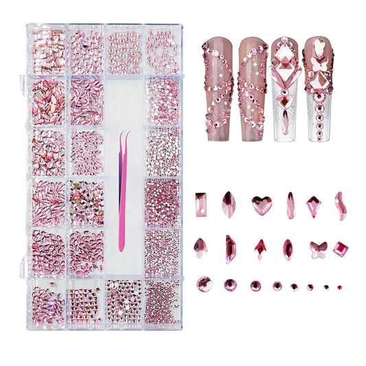 AMLAVIFISH Rhinestones for Nails, 6080Pcs Pink Nail Art Rhinestones Kit, 3D Flatback Crystals Diamonds for Nail Art Design, Mix Sizes Nail Charms and Gems(Tweezers Included)