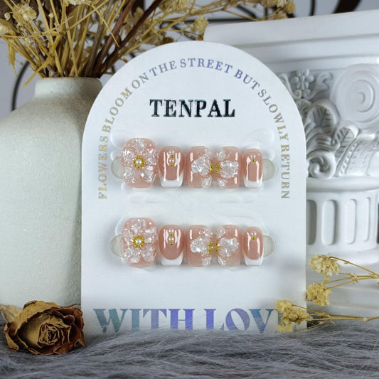 TENPAL Press On Nails with Tools Kit,Nude French 3D Floral Embossed Short Round Square False Nails,White French Glue on Nail,Chinese Style Ice Gel Reusable Fake Nails for Daily Wedding Party 10Pcs(S)