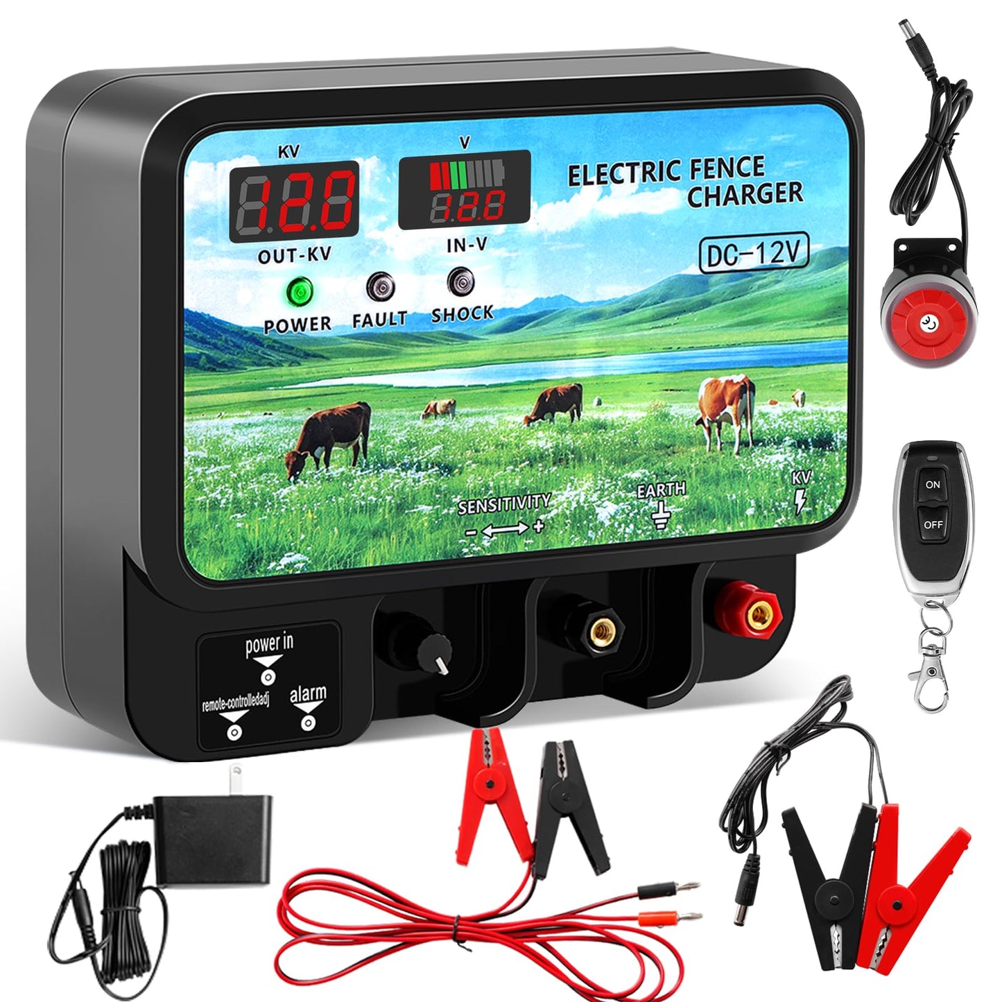 Watpumper 15.5 Joule Electric Fence Charger, 12KV Output, 600 Acres Coverage, DC 12V/AC 100-240V Input, Electric Fence Energizer with Alarm for Cattle, Cow, Goat, Horse, Livestock Protection, YMD-Q780