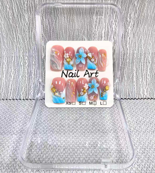 Handmade Press on Nails Medium Square Fake Nails Blue French Tip with 3D Flower Designs luxury Pearl Charm Glossy Cute Beach Acrylic Nails for Women 10pcs (Size M）