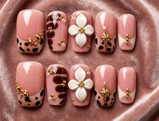 Short Square Press on Nails Handmade 3D Cute Glue on Nails for Women, Luxury Homemade Press on Nail Art Design, Fake Nails with 3D Nail Charms Size M 3