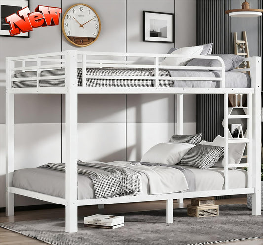 SIMPLEZC Upgraded Version Thickened Heavy-Duty Metal Full XL Over Full XL Bunk Bed, Higher Quality & Stronger Steel Bunk Bed Full XL Size with Ladder and Guard Rail for Adults (White,Full XL)