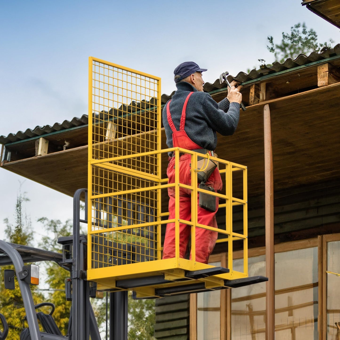 YITAMOTOR 43"x45" Forklift Safety Cage, 1400lbs Forklift Man Basket Work Platform with Safety Strap, Heavy Duty Collapsible Lift Cage for Most Aerial Jobs