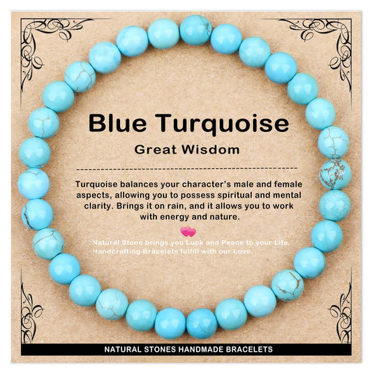 AD Beads 6mm Handmade Blue Turquoise Elastic Bracelet – Natural Gemstone for Great Wisdom – Meditation, Yoga, Healing and Energy Gift for Men Women