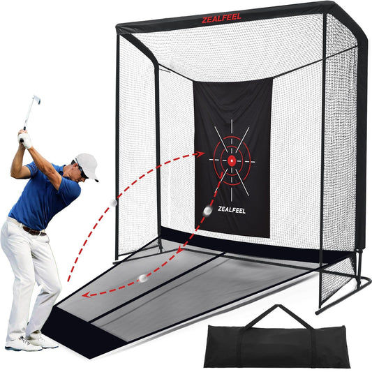 Zealfeel Golf Net, 8x8ft Golf Simulator Enclosure Net with Auto-Ball Return, Low-Noise Silk Target, Carry Bag, 4 Stakes, Hiting Practice Net for Backyard Driving Chipping Indoor Outdoor Use