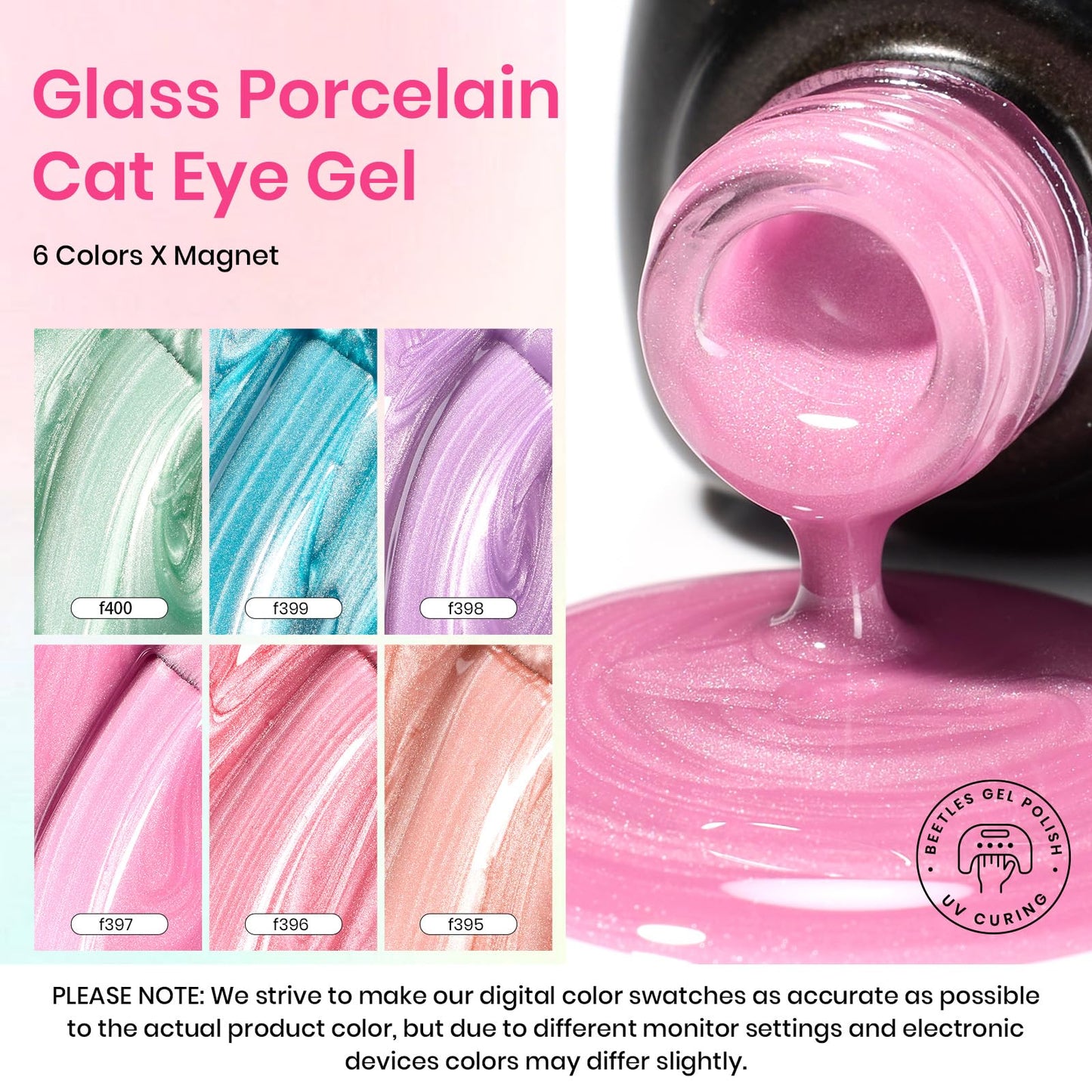 Beetles Cat Eye Gel Nail Polish Set, 6 Colors Fairy Garden Pastel Spring Shimmer Glitter Gel Polish Kit Pink Red Blue Orange Green Purple Velvet Gel Soak Off UV Magnet Nail Art DIY Gift for Women