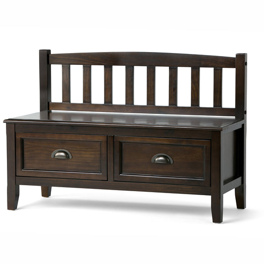 SIMPLIHOME Burlington Entryway Storage Bench - 42 inch Wide Solid Wood Storage Seat with Drawers in Mahogany Brown, Transitional Bench for Entryway or Living Room with Bronze Handles and Tapered Legs