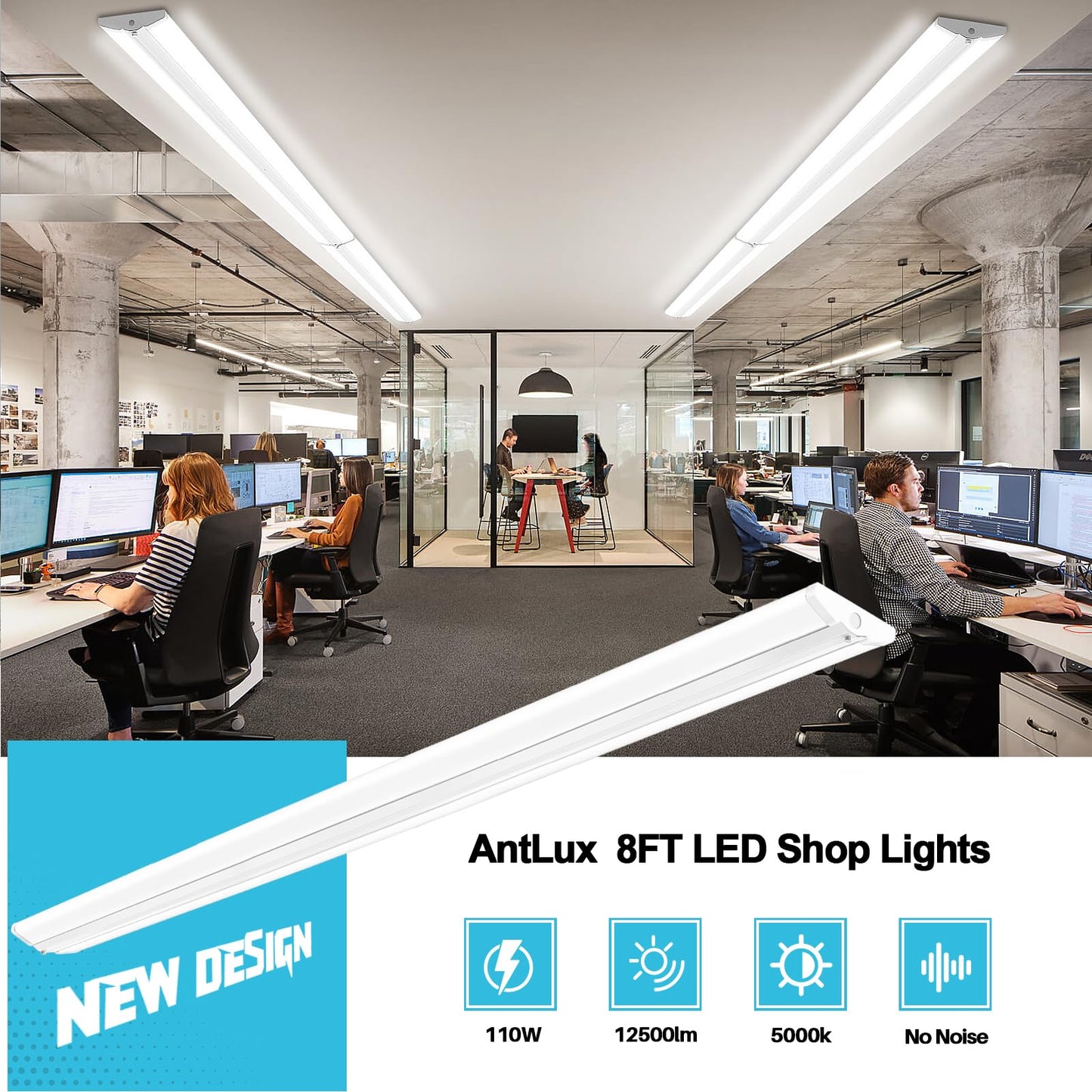 ANTLUX 8FT LED Shop Light, Ultra Slim LED Wraparound 110W [6-lamp T8 Fluorescent Equiv.], 12500LM, 5000K, Commercial 8 Foot Strip Light, Flush Mount Garage Office Warehouse Ceiling Lighting, 6 Pack