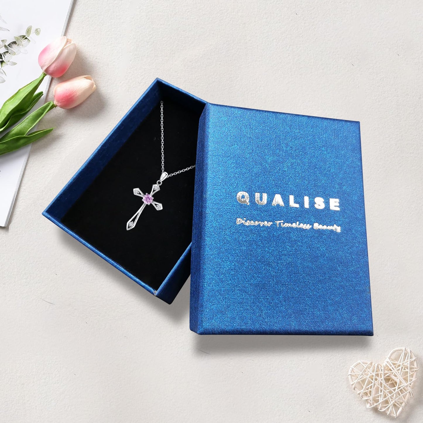 Cross Necklace for Women ,925 Sterling Silver Birthstone Necklace,Pink -October Birthstone Cross pendant jewelry,Faith Religious Fine Jewelry Valentines Day Gifts Birthday Holiday Gifts for Her