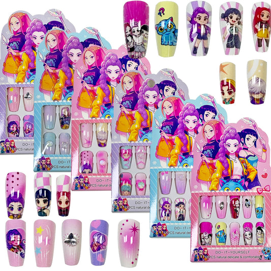 Demon Movie Hunters Nail Stickers 144Pcs - Korean Kpo-p Anime Idol Huntrix Band 3D Self Adhesive Cartoon Temporary Nail Decals - Easy Stick Removeable for DIY Women Girls Kawaii Nail Decoration Art