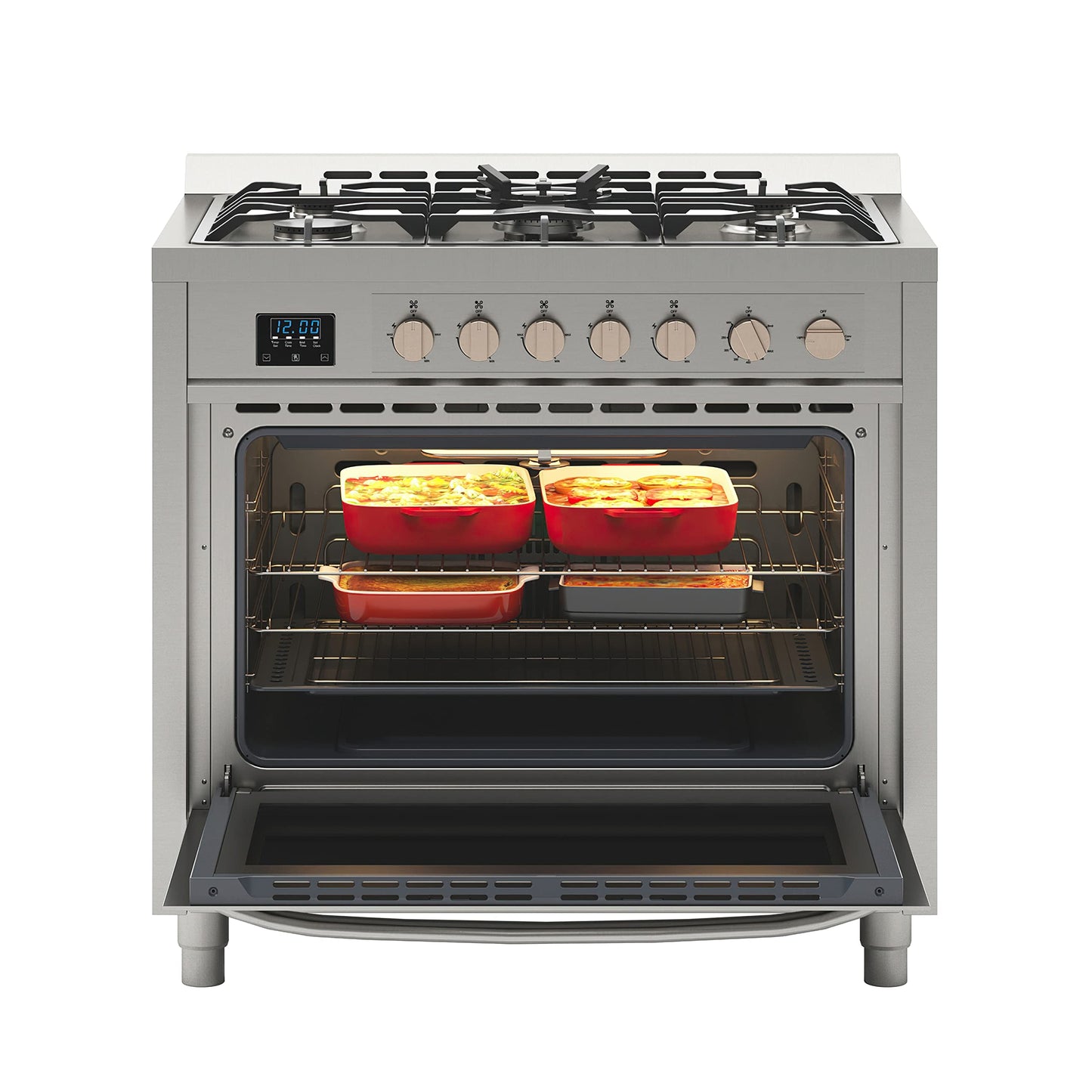 KoolMore 36” Inch Professional Gas Range Stove with 5 Burner Cooktop, Rapid Convection Oven, and Digital Timer with Heavy-Duty Cast Iron Grates, Stainless-Steel Appliance (KM-FR36GL-SS), Silver