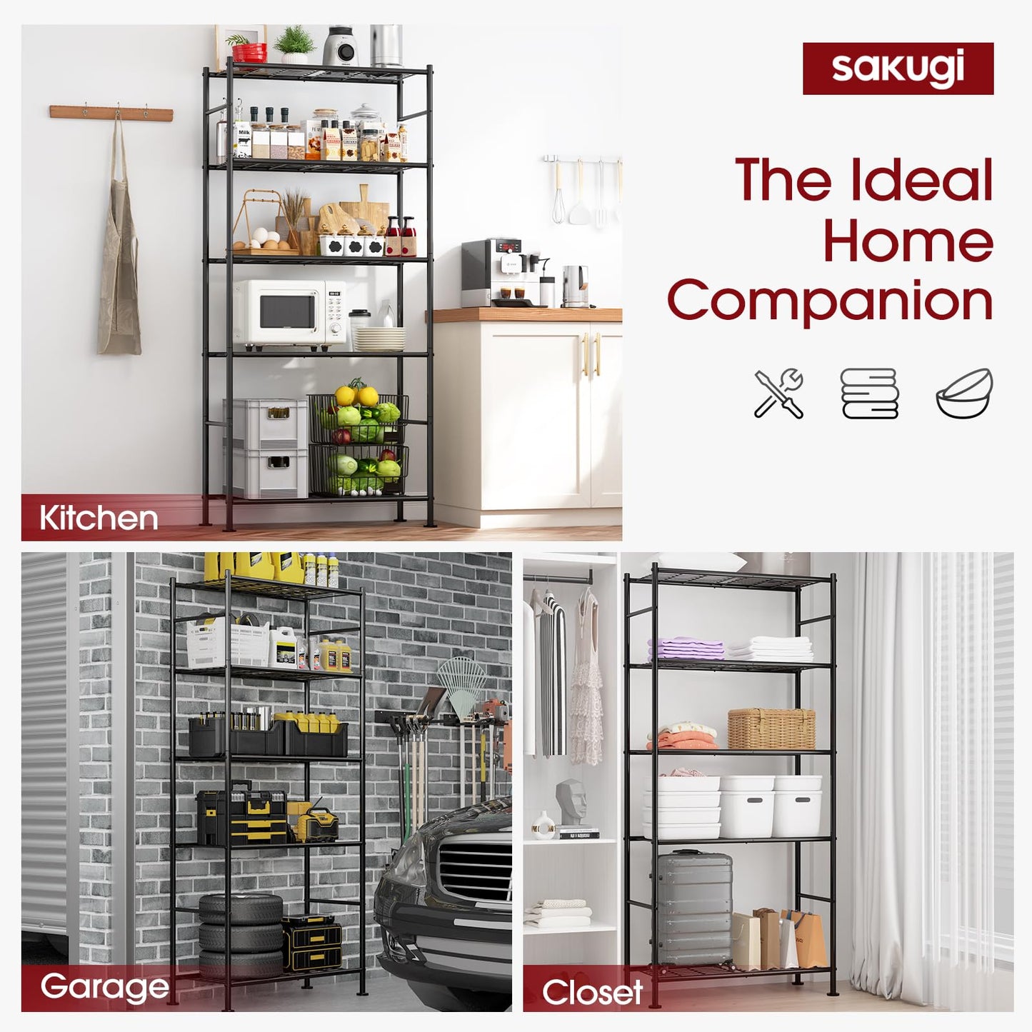 Sakugi Storage Racks - 2 Pack, 5-Tier Freestanding Steel Shelving Units with Reinforced Frame, Adjustable Garage Organization Shelves for Warehouse, Basement, Workshop, 33.5" x 12.6" x 72", Black