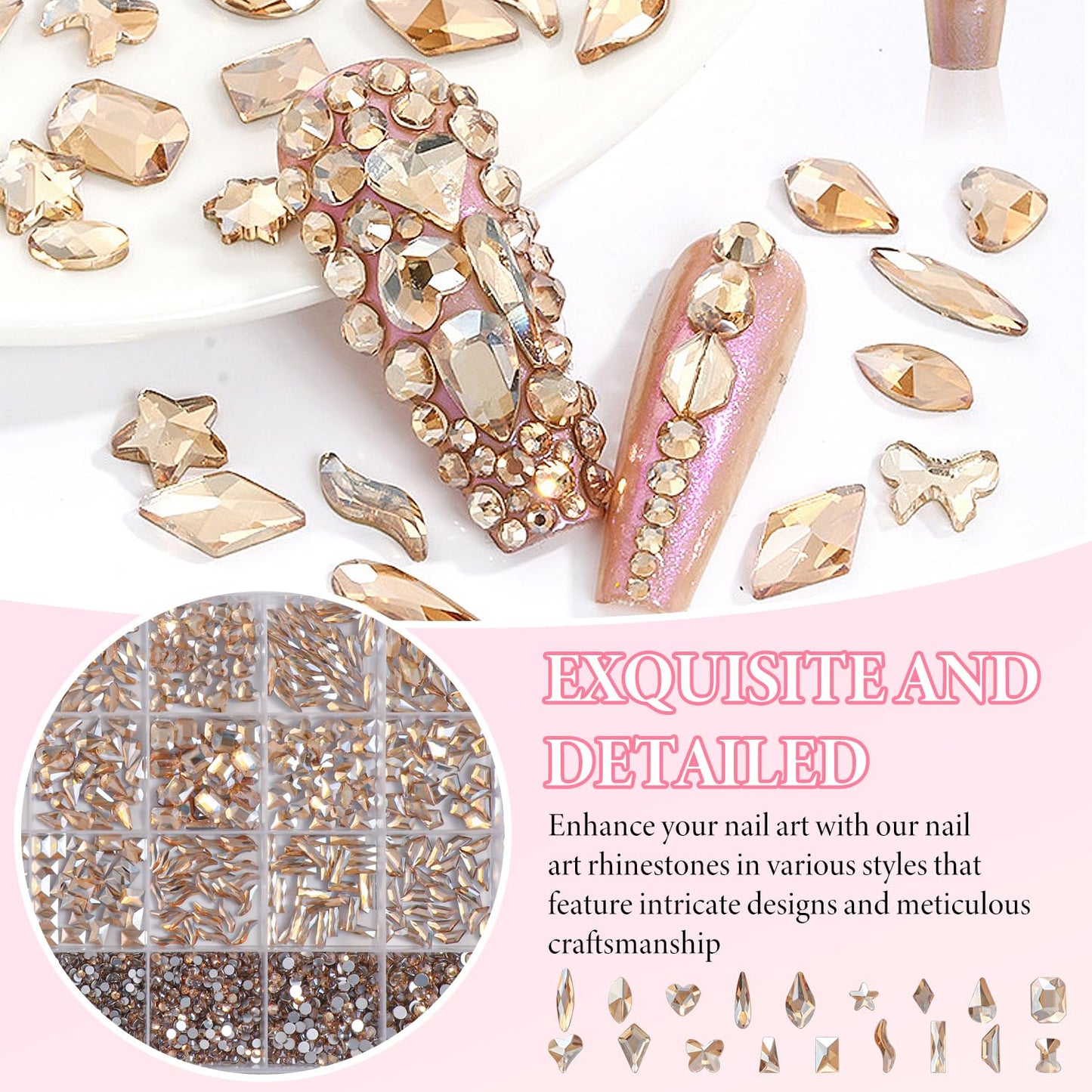 Champagne Gold Nail Art Rhinestones Kit Multi Shapes Crystal Flatback Nail Gems Half Round Rhinestones for Nails, Gold Gems Crystals Glass Rhinestone for Nails Art DIY Supplies Craft