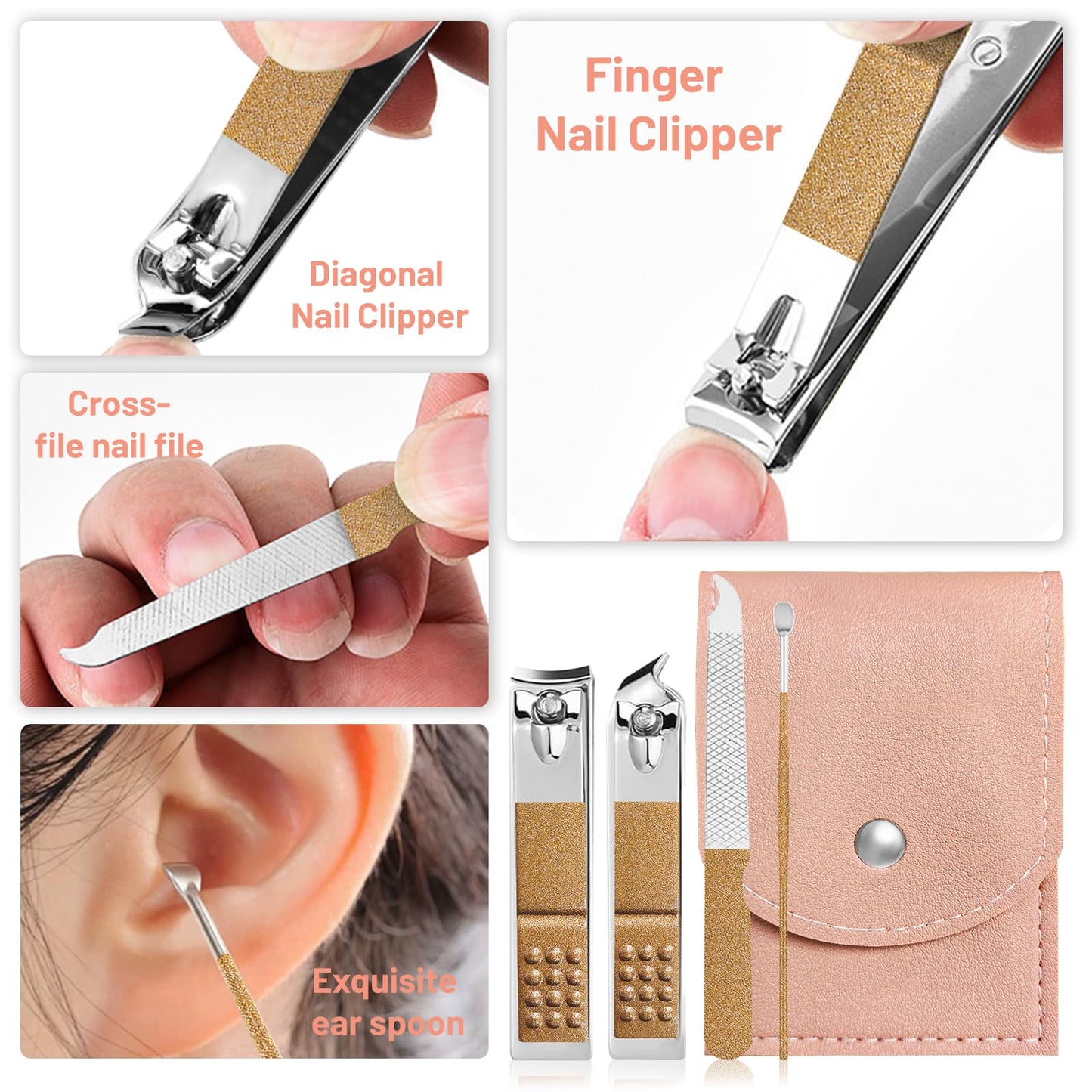 NYVEER 10-Piece Complete Nail Care Kit - Professional Manicure & Pedicure Set with Stainless Steel Tools, Portable Travel Nail Clipper Kit for Home Use, Travel & Gifts - Pink PU Leather Case