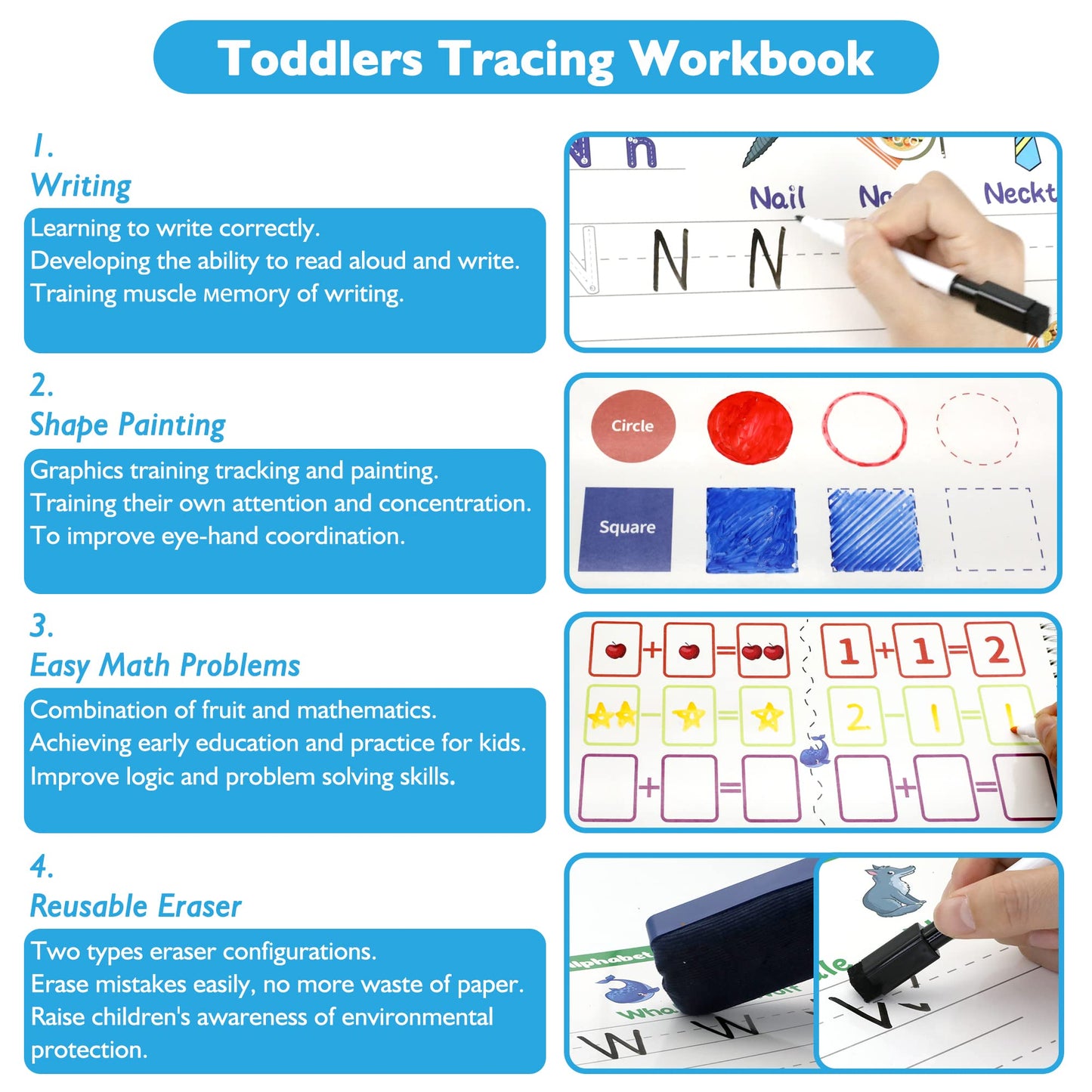 Handwriting Practice - Tracing Books for Kids Ages 3-5, Montessori Preschool Learning Activity, Autism Educational Learn Number Letters Shapes Animal & Sight Words Workbook with 8 Dry Erase Markers