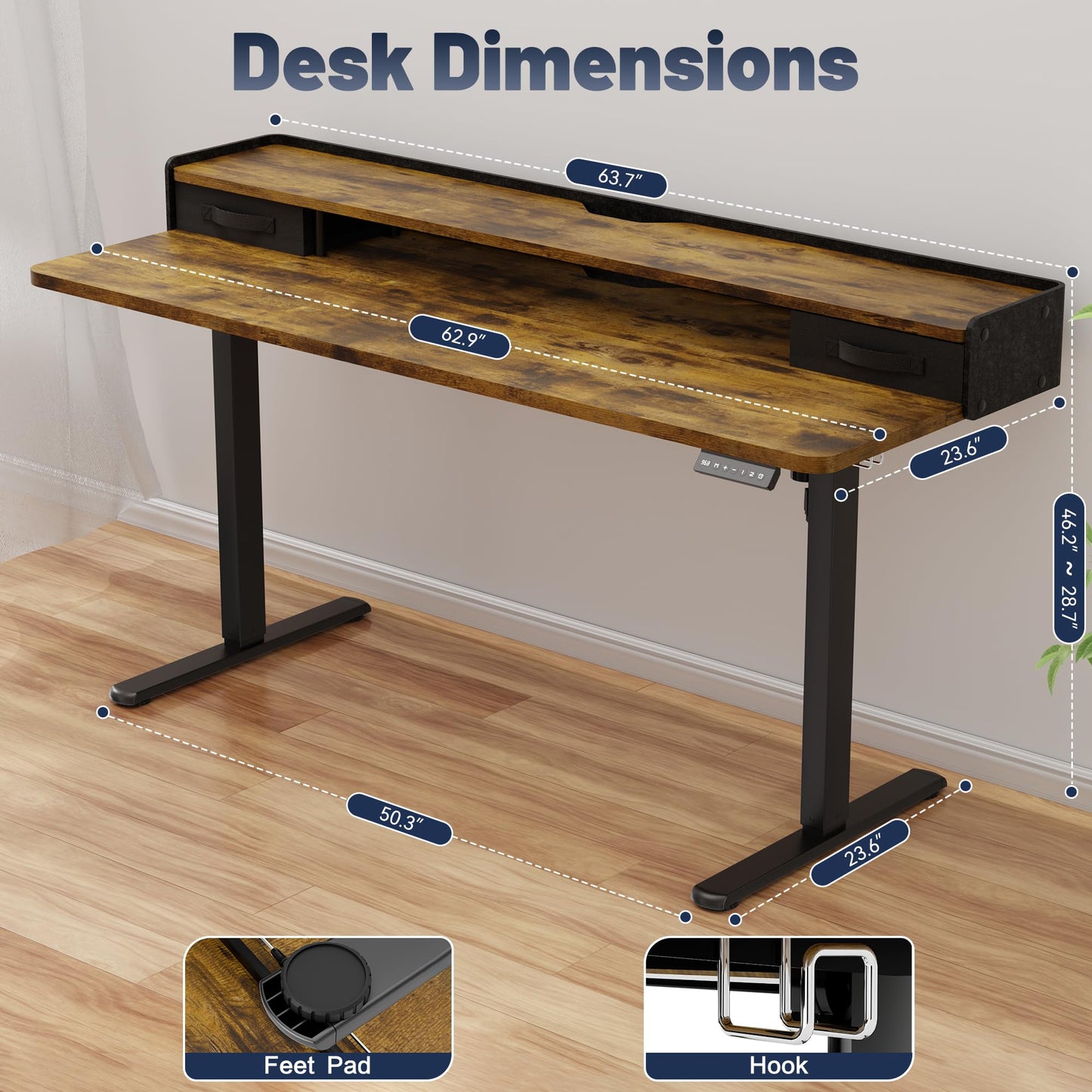 YESHOMY 63" x 23" Electric Standing Desk with 2 Drawers, Height Adjustable Computer Desk, Low Noise Home Office Stand Up Desk with 2 Preset Heights & 2 Hooks, Rustic Brown