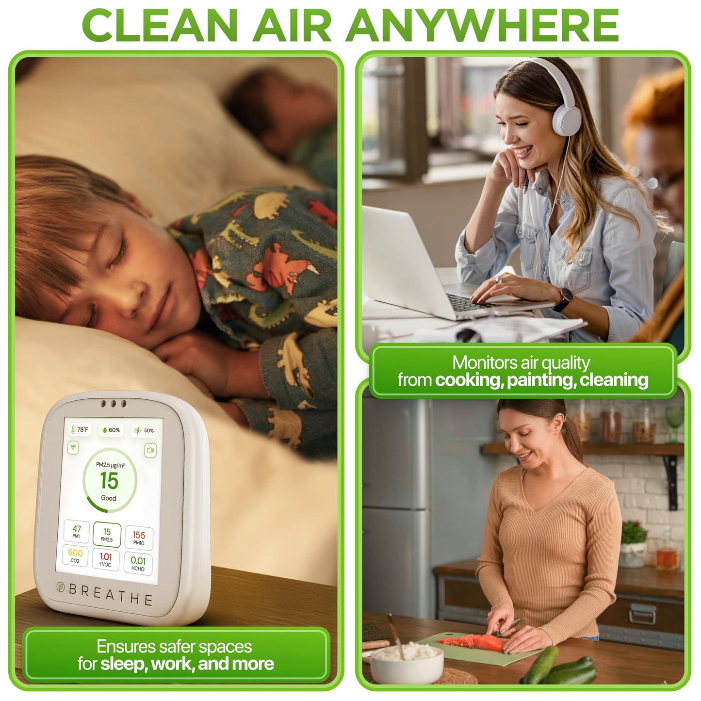 BREATHE Airmonitor Plus: Smart Air Quality Monitor Indoor - 8-in-1 CO2 Meter, Formaldehyde Detector, VOC Meter, PM1/2.5/10, Temperature & Humidity - Air Quality Tester for Home with App