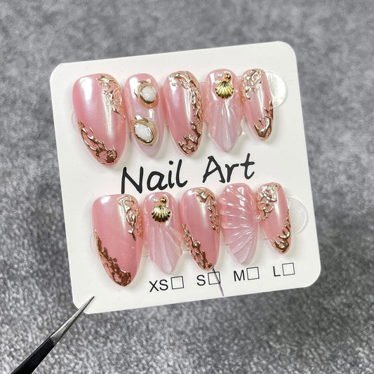 10Pcs Pink Almond Press on Nails Handmade Acrylic Press on Nails Medium Fake Nails with Seashell Pearl Design Summer Beach Nail Art 3D Handmade Nails Press ons Reusable Stick on Nail for Women (S)