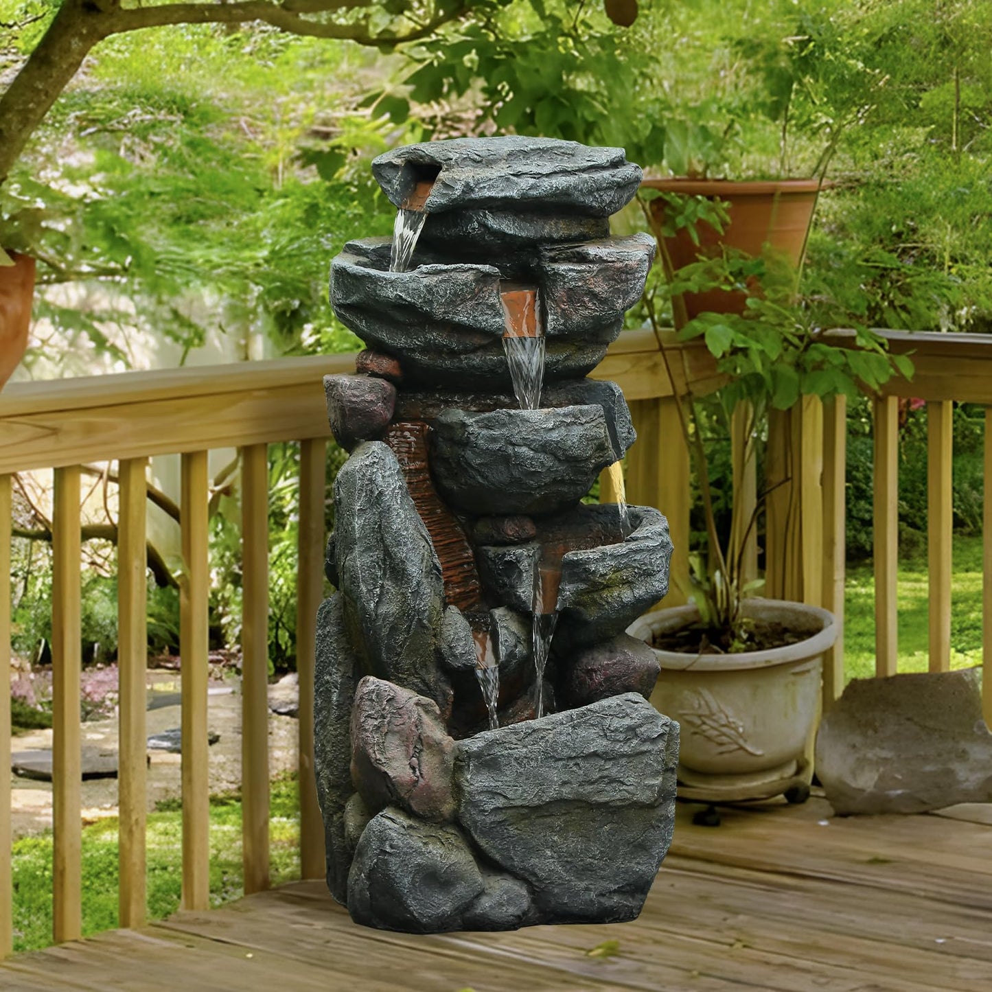 The 5-Tiered Rock Water Fountain Outdoor&Indoor, 31.5’’H Floor-Standing Garden Fountains, Stone Feature and Waterfall with Lights for Patio, Backyard, Deck, Porch, Home DéCor, Gray