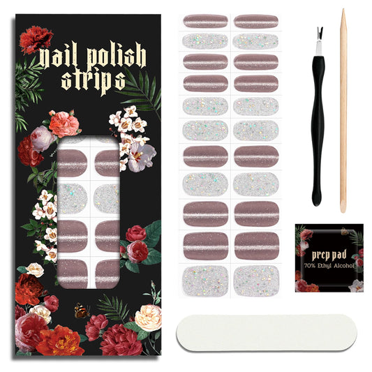 ruyeefam Nail Polish Strips (No UV Lamp Needed) - 22 Pcs Salon Quality Gel Nail Stickers - Long Lasting Wraps (Silver Moon Haze)
