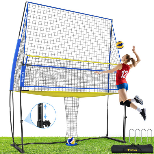 TYRSEN Volleyball Practice Net with Ball Return System, Height Adjustable 6.5-8FT, 11 * 8FT Portable Volleyball Training Equipment for Serving, Spiking, Solo and Team Drills, Indoor/Outdoor Use