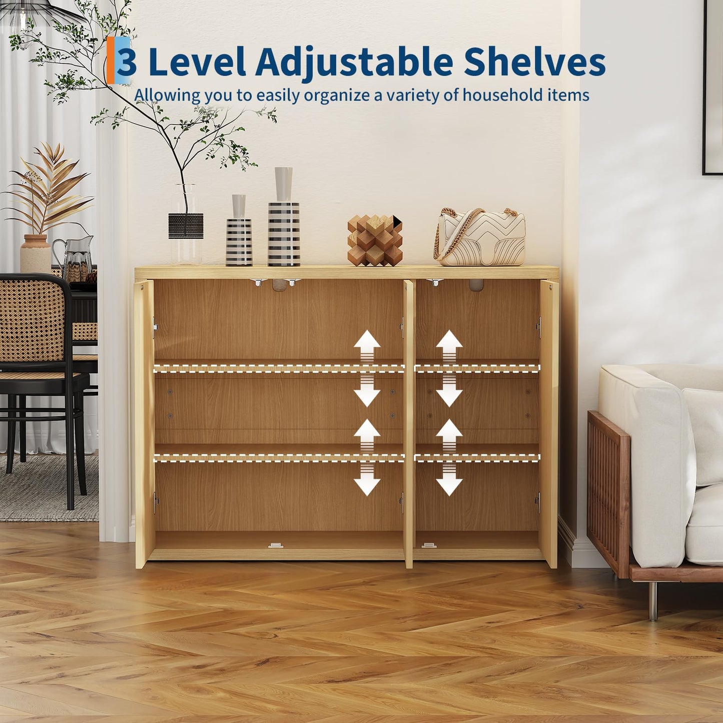 46.7 in Sideboard Buffet Cabinet with Storage, Wooden Fluted Storage Cabinet Sideboard with Adjustable Shelves and 3 Doors, Wood Accent Credenza Coffee Bar Table for Kitchen Living Room- Natural