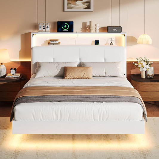 Einhomn Floating Bed Frame Full with 2-Tier Storage Velvet Fabric Upholstered Headboard, Wooden Platform Bed Frame w/Charging Station & LED Lights, Metal Slats Support, No Box Spring Needed, White