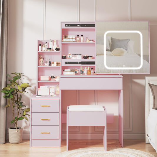 GarveeHome Vanity Desk with Sliding Mirror and Lights, Makeup Vanity Set with 4 Drawers, Stool, Power Outlet, Open Shelves, 3 Color Adjustable Lighting Modes, Makeup Dressing Table for Bedroom, Pink