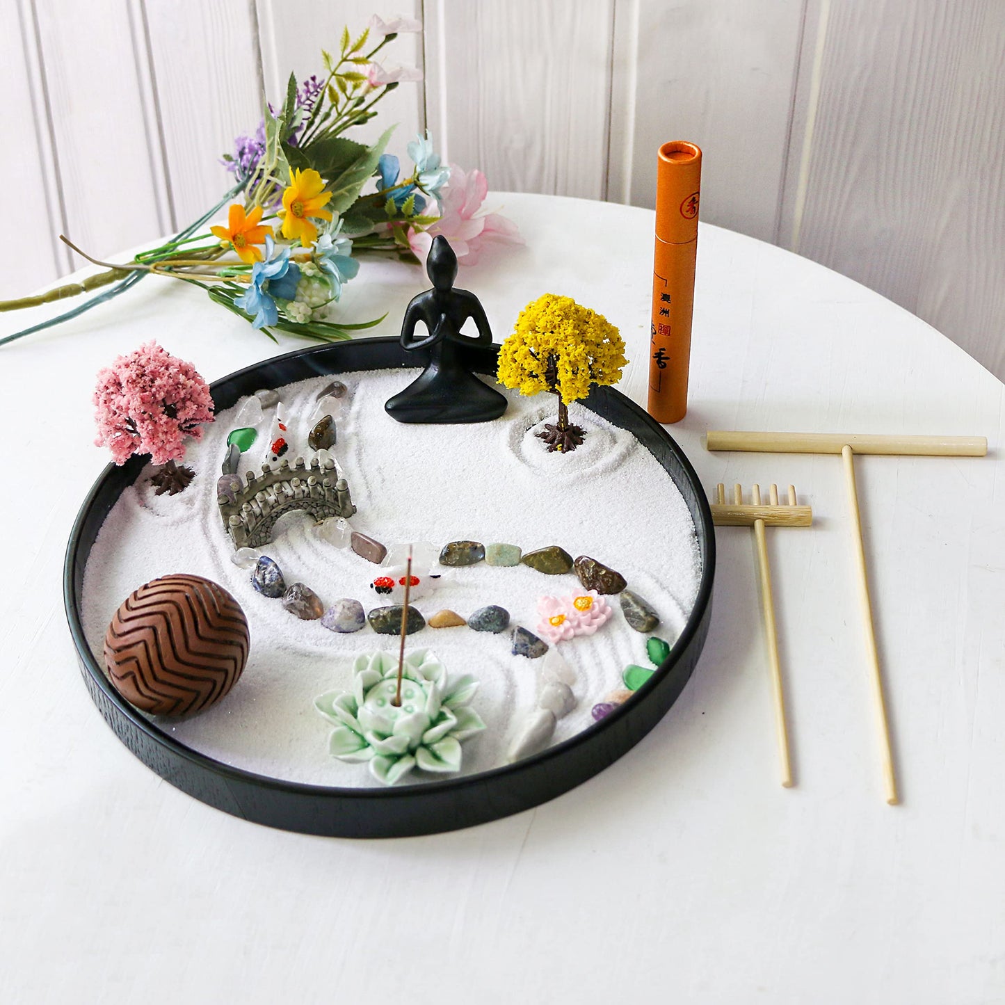Meditation Yoga Zen Garden kit - Home Office DIY Japanese Mini Rock Sand Garden Desktop Chakra Shine Altar Zen Decor Zen Gifts for Adult w/Rake Tools Accessories Healing Crystal Sphere