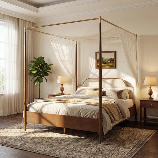 Merax Queen Size Fleece Fabric Upholstered Canopy Bed Frame, Vintage Four Poster Platform Bed with Solid Wood Legs, Slats Support, No Box Spring Needed, Brown + Off White