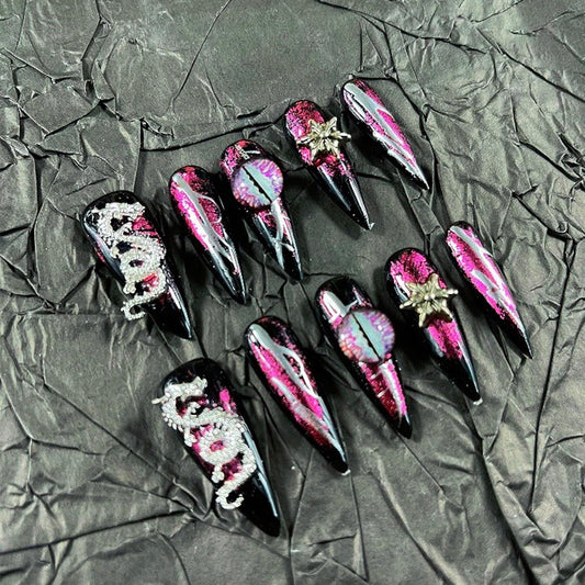 Press on Nails Handmade Nails 10Pcs Dark Gothic Style Manual Press on Nails Dragon Fake Nails for Women Party Holiday Photo Size S