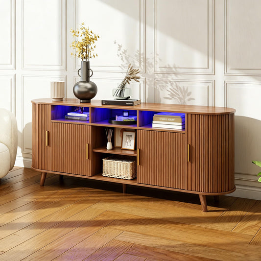PLRSOZIM 70" Tambour TV Stand with LED Lights, Mid-Century Modern Fluted Sliding Tambour Doors, Fits up to 75" TVs, Media Console with Storage Cabinets, Entertainment Center for Living Room & Bedroom