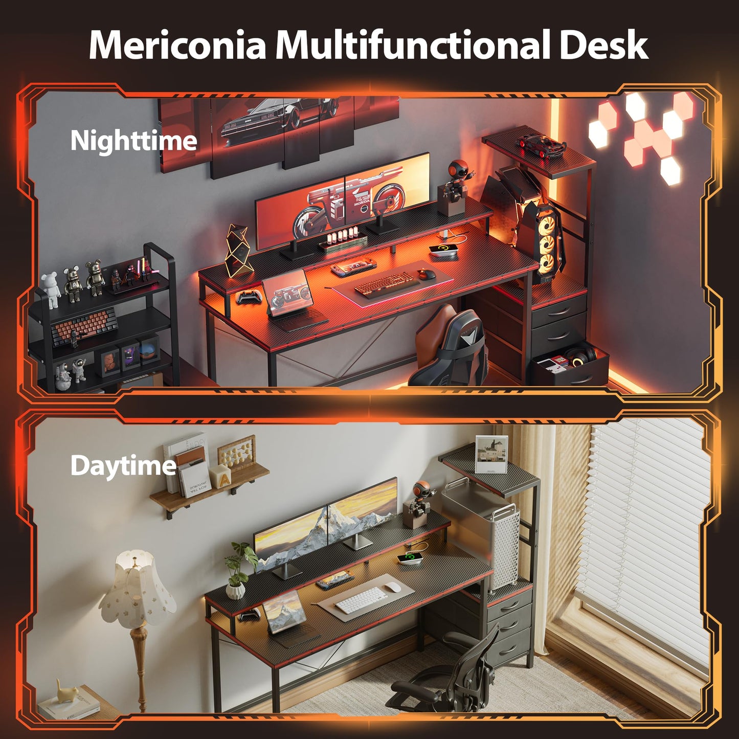Mericonia Gaming Desk with Power Outlets & LED Lights, Reversible Computer Desk with PC Case Stand, Fabric Drawers, Modern Office Desk with Shelves, Monitor Stand (DJK-Carbon Fiber Black, 51 inch)