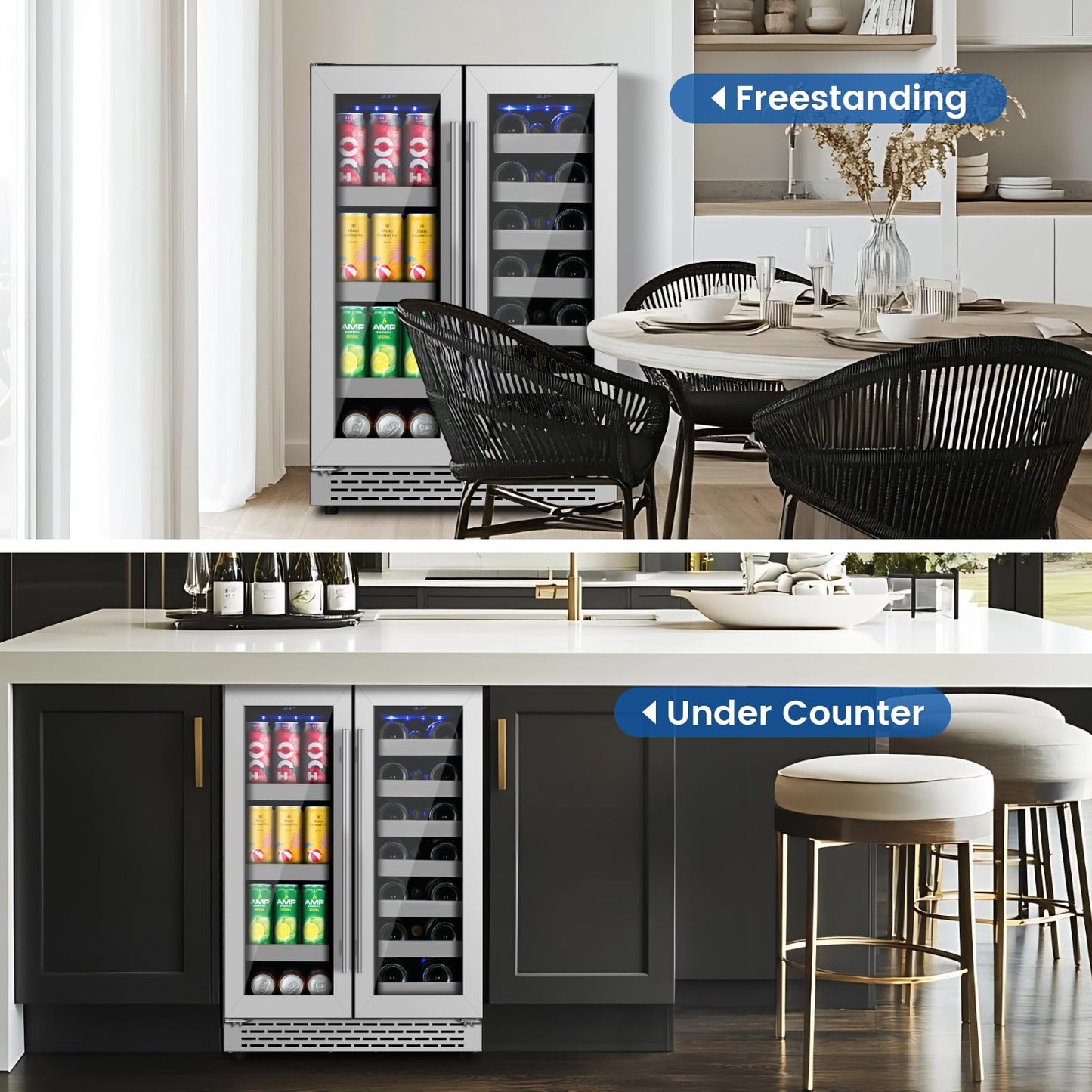 WINEBOSS 24 Inch Wine and Beverage Refrigerator, Dual Zone Wine Fridge Under Counter, 20 Bottle & 88 Cans Wine Cooler Refrigerator with Glass Door & Stainless Steel Shelves for Beer Commercial Office