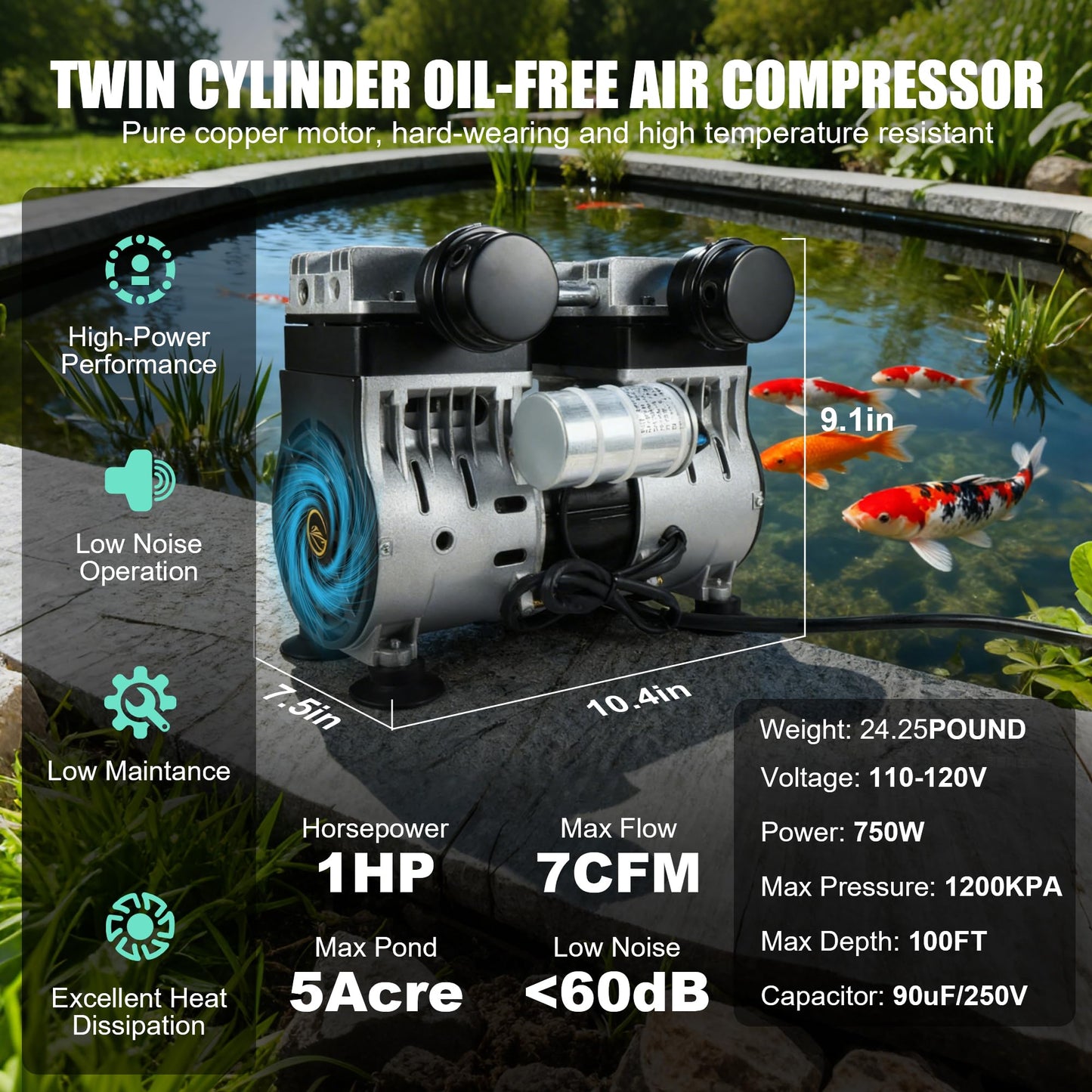 Goldlife Pond Aerator, 1HP 750W 110V/120V 7CFM Aerartion System for Up to 5 Acre Lake, With Air Compressor & 2 100FT Tubings & 2 Diffusers & Timer, for Outdoor Ponds Water Oxygen Circulation