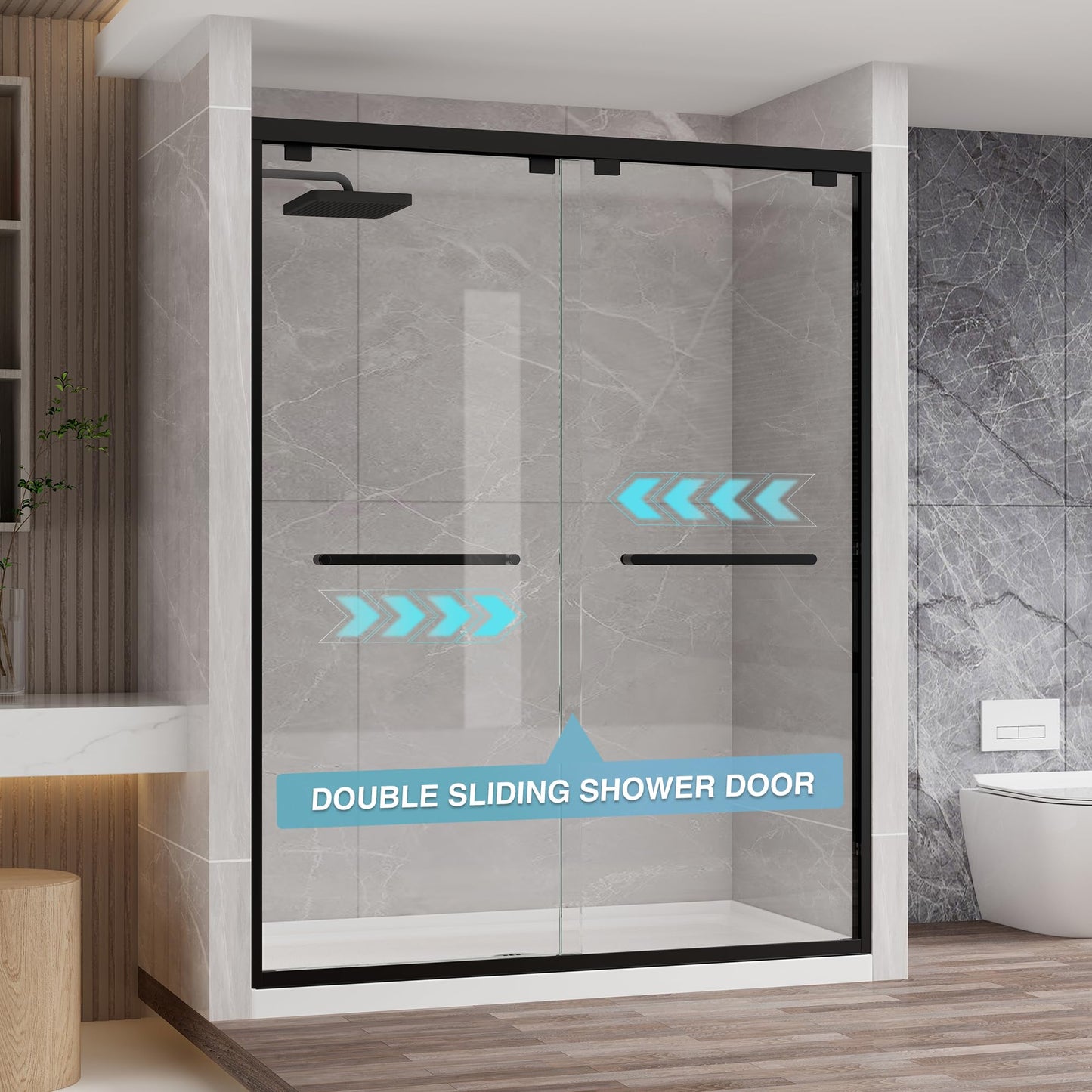 KPUY Glass Shower Door, 49-54" W x 76" H Semi-Frameless Double Sliding Shower Door, 1/4" (6mm) Thick Tempered Clear Glass with Explosion-Proof Film Nano Coating, Matte Black