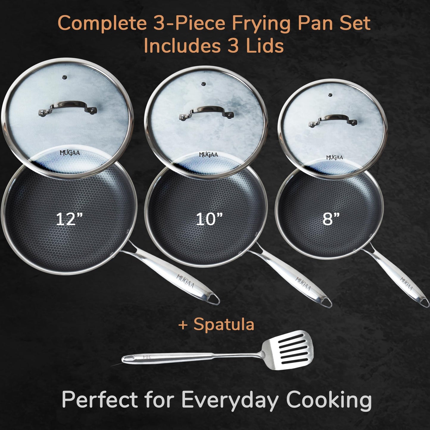 MUGAA Stainless Steel Frying Pan 3-Piece Set + Large Stainless Steel Cutting Board – Honeycomb Nonstick Skillets (8”, 10”, 12”) with Lids & Spatula, Double-Sided 304 Steel Board with Knife Sharpener