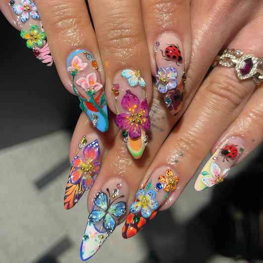 Handcrafted Press On Nails Italian Vacation Style Buttfly & Bugs 100% Handmade Realistic Artistic Fake Nails With Adhesive Glue Tabs And Tool Gifts For Women (Hand-Painted Butterfly,Medium M)