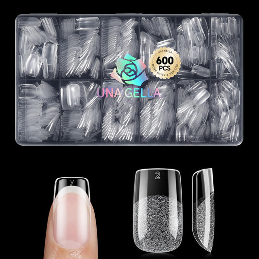 UNA GELLA 600Pcs Short Square Gel Nail Tips, Square Press on Nails Pre Etched Full Cover Soft Gel Nail Tips No C Curve For Women Girl DIY French & Chrome Style Salon At Home 12 Sizes