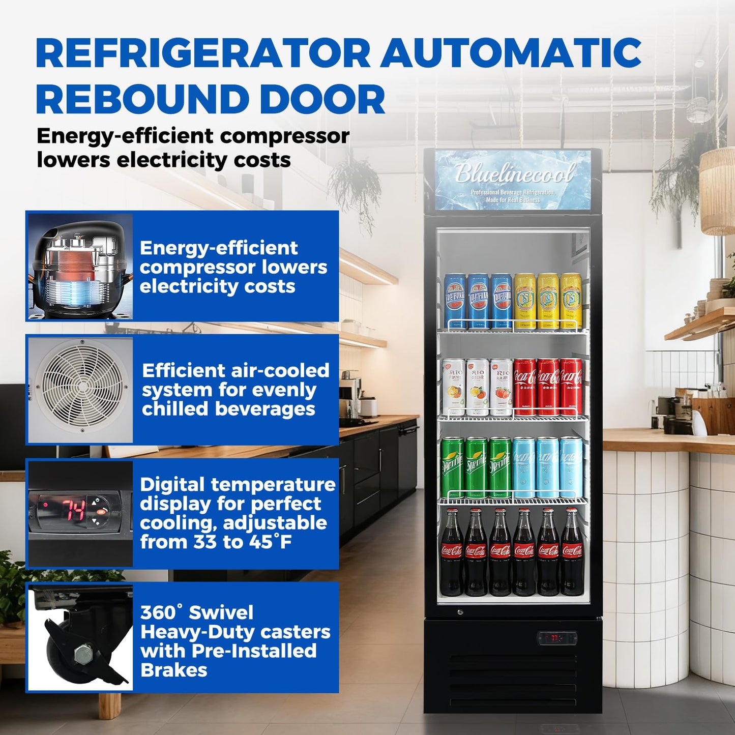 Bluelinecool Commercial Refrigerators 9 Cu.Ft Upright Merchandiser Drink Cooler – Glass Door Beverage Fridge with LED Light, Adjustable Shelves, Lock Wheels – Display Refrigerator for Beer, Bar, Shop