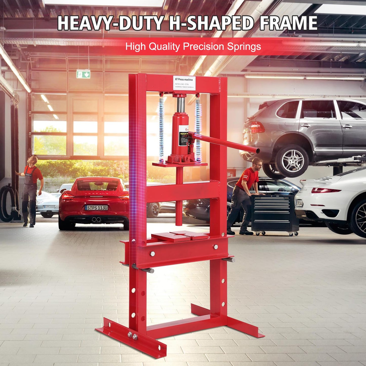 Hydraulic Press 6 Ton Hydraulic Shop Press H-Frame Garage Floor Adjustable Shop Press with 2 Plates Adjustable Working Table Height, Red