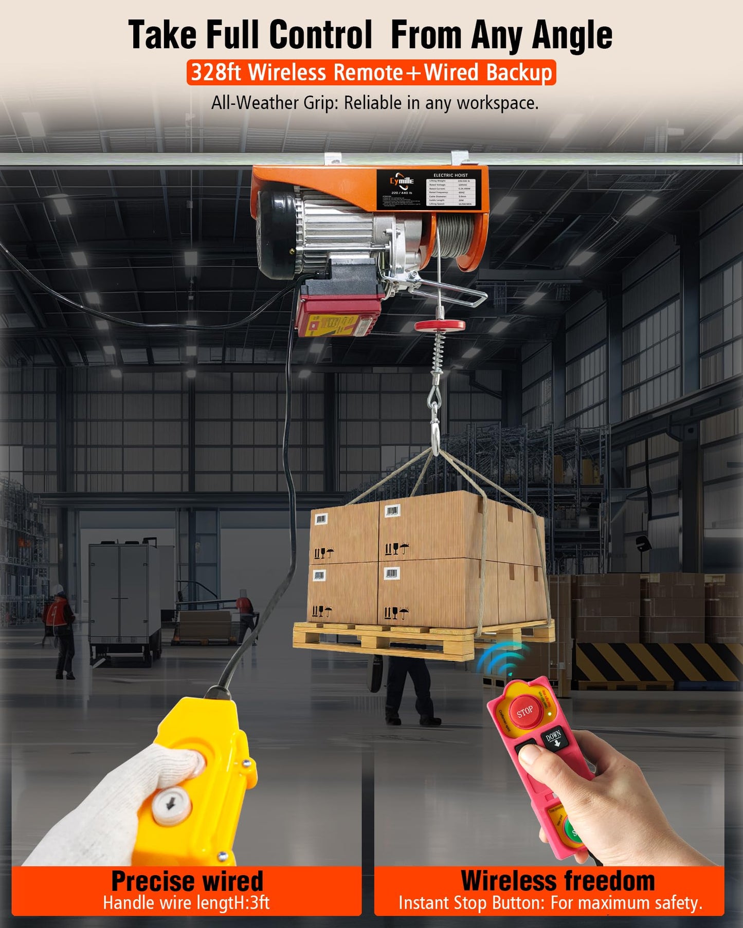 2 in 1 Electric Hoist with Remote Control, 440 lbs Capacity, Electric Hoist Winch 110V, 16ft/33ft/min Speed, 65.6 ft Lifting Height for Garage, Attic, Warehouse, Workshop, Factory