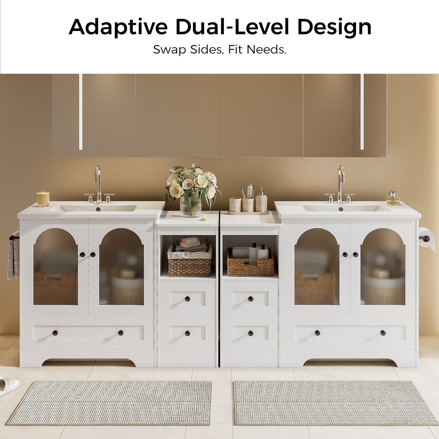 IRONCK 42 Inch Bathroom Vanity with Sink Set, Bathroom Cabinet Vanity with 2 Visual Buffer Gate, Pedestal Sink Storage Cabinet with 3 Drawers, Open Cubby, Swap Sides Design, White