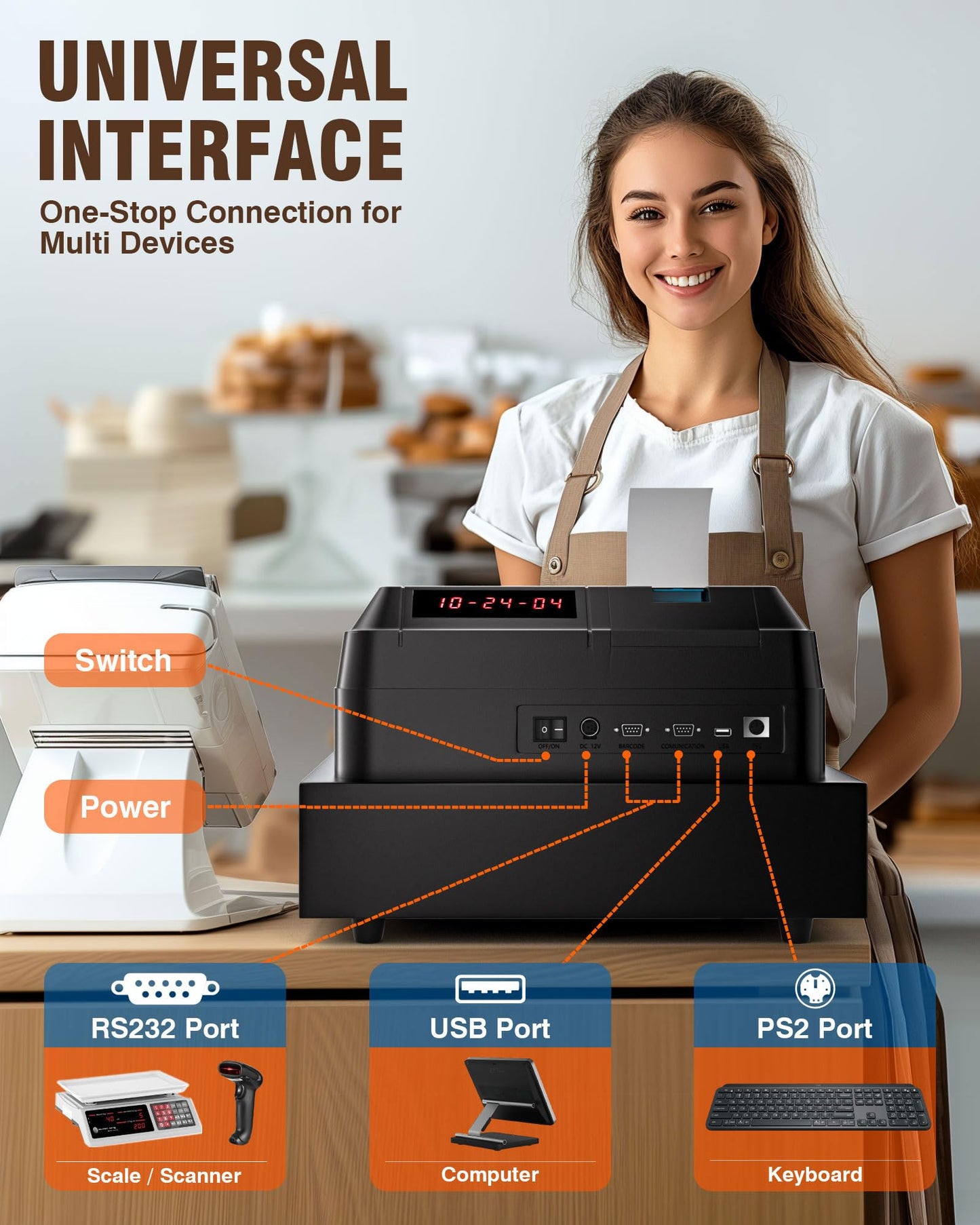 PYY Cash Register for Small Businesses - Electronic Commercial Caja Registradora para Negocio with Locked Cash Drawer Box, 8 Digital Dual Display, 48 Keys, Cashing System for Supermarket Restaurant